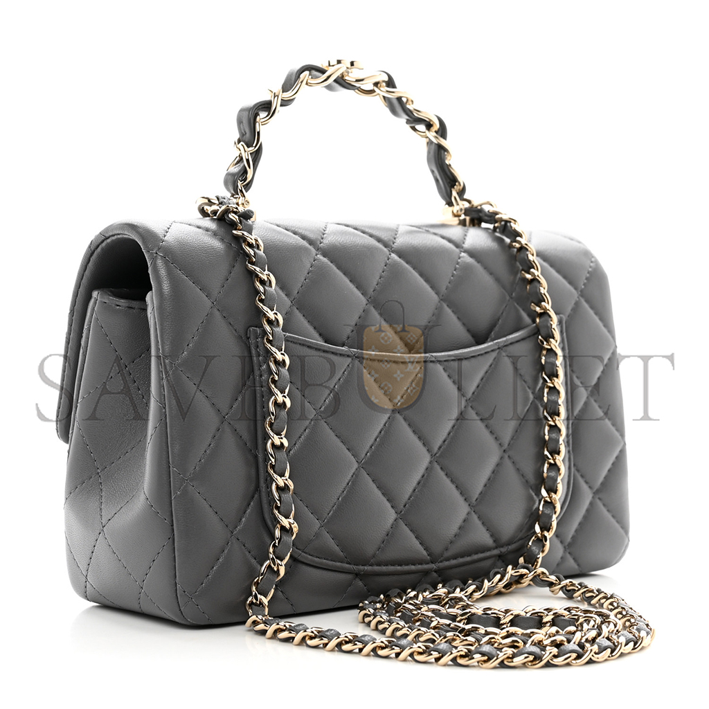 CHANEL LAMBSKIN QUILTED MINI CHAIN TOP HANDLE RECTANGULAR FLAP GREY AS2431 (20*12*6cm)